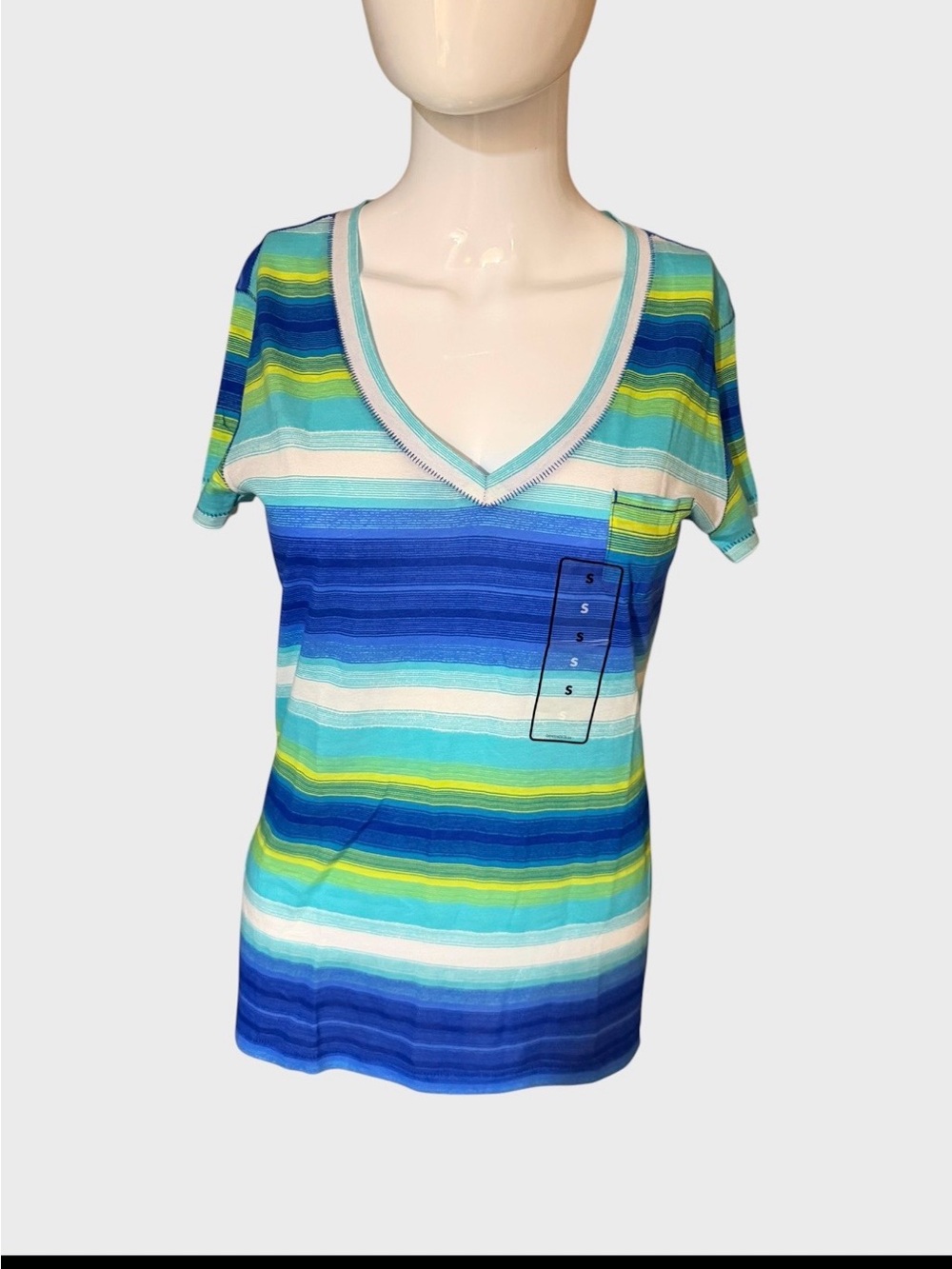 Route 66 Striped V-Neck Tee in Blue, Teal & Yellow-Green